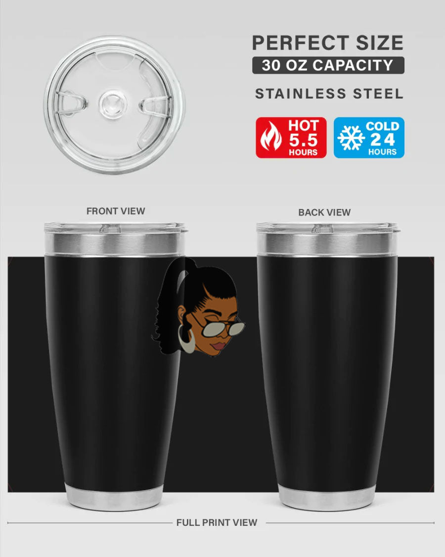 Black afro 42# tumbler for women and girls, featuring a stylish design and double wall vacuum insulation for hot and cold beverages.