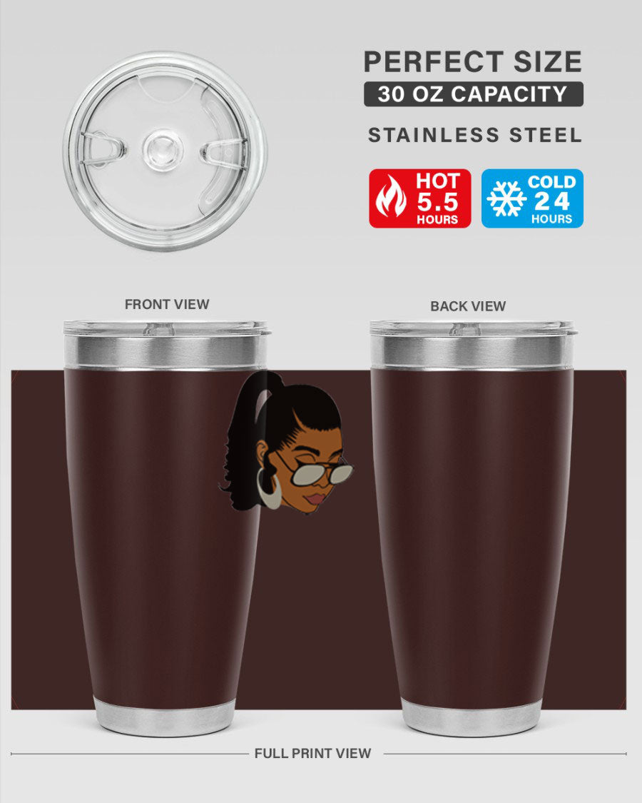 Black afro 42# tumbler for women and girls, featuring a stylish design and double wall vacuum insulation for hot and cold beverages.