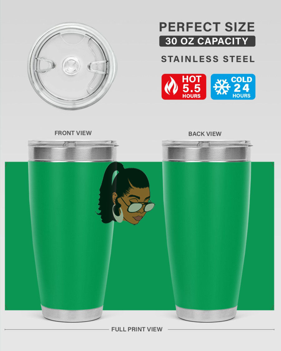 Black afro 42# tumbler for women and girls, featuring a stylish design and double wall vacuum insulation for hot and cold beverages.