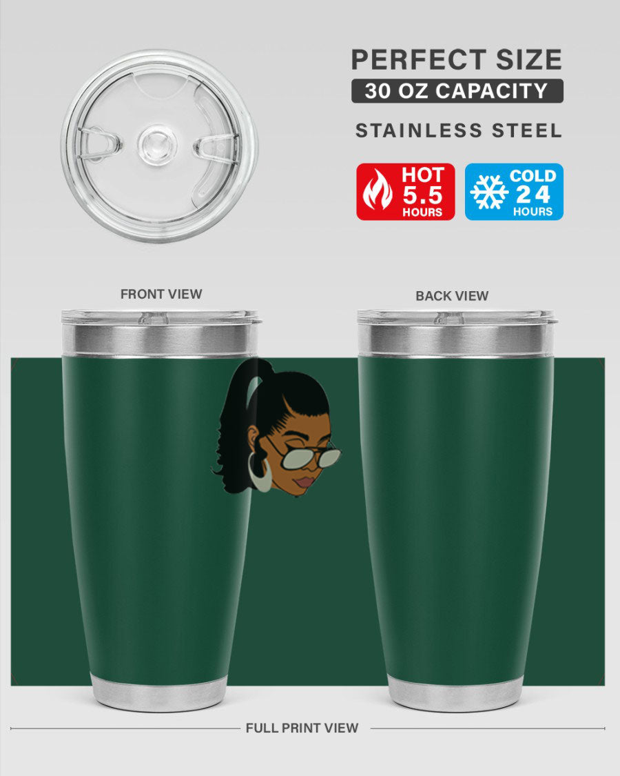 Black afro 42# tumbler for women and girls, featuring a stylish design and double wall vacuum insulation for hot and cold beverages.