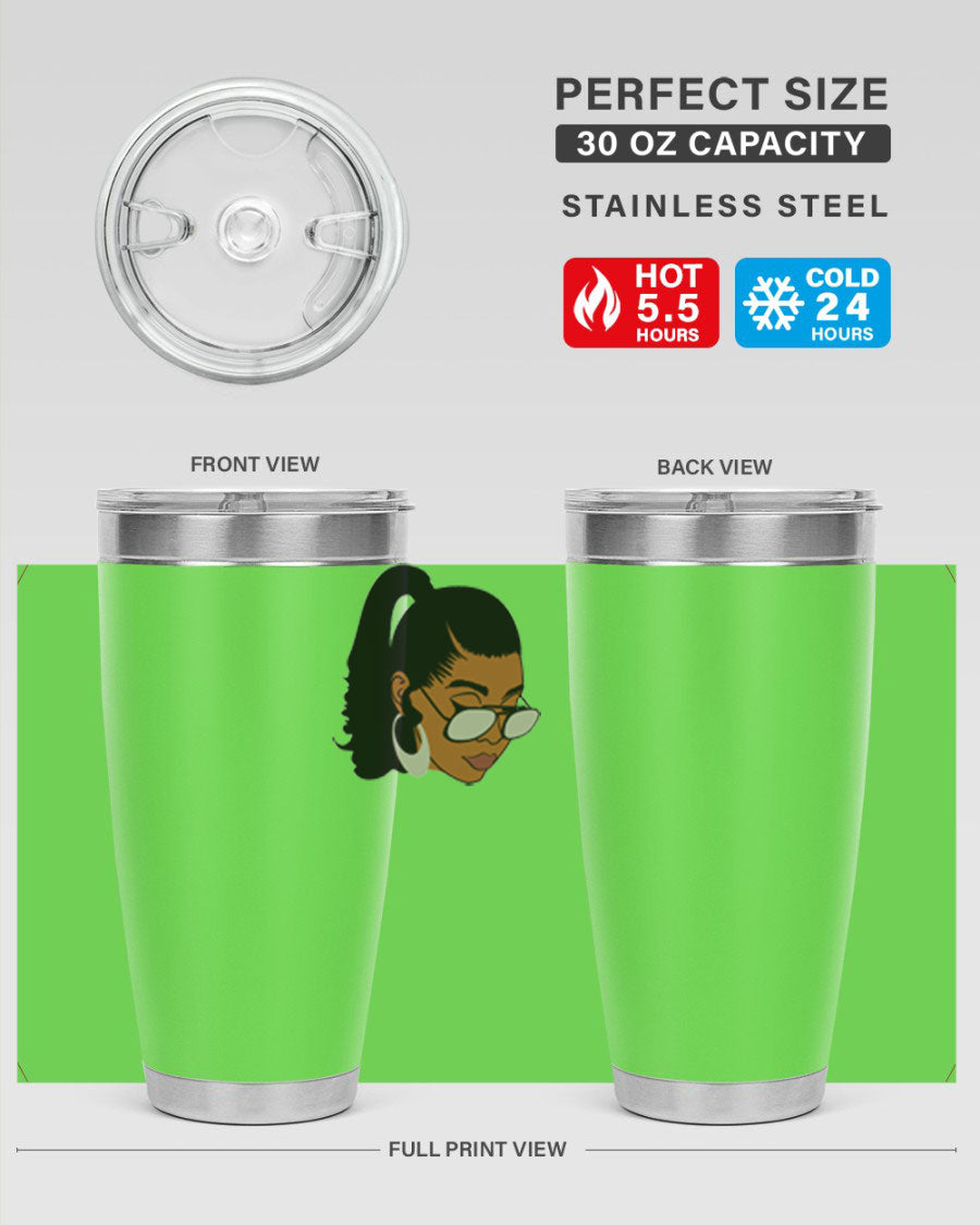 Black afro 42# tumbler for women and girls, featuring a stylish design and double wall vacuum insulation for hot and cold beverages.