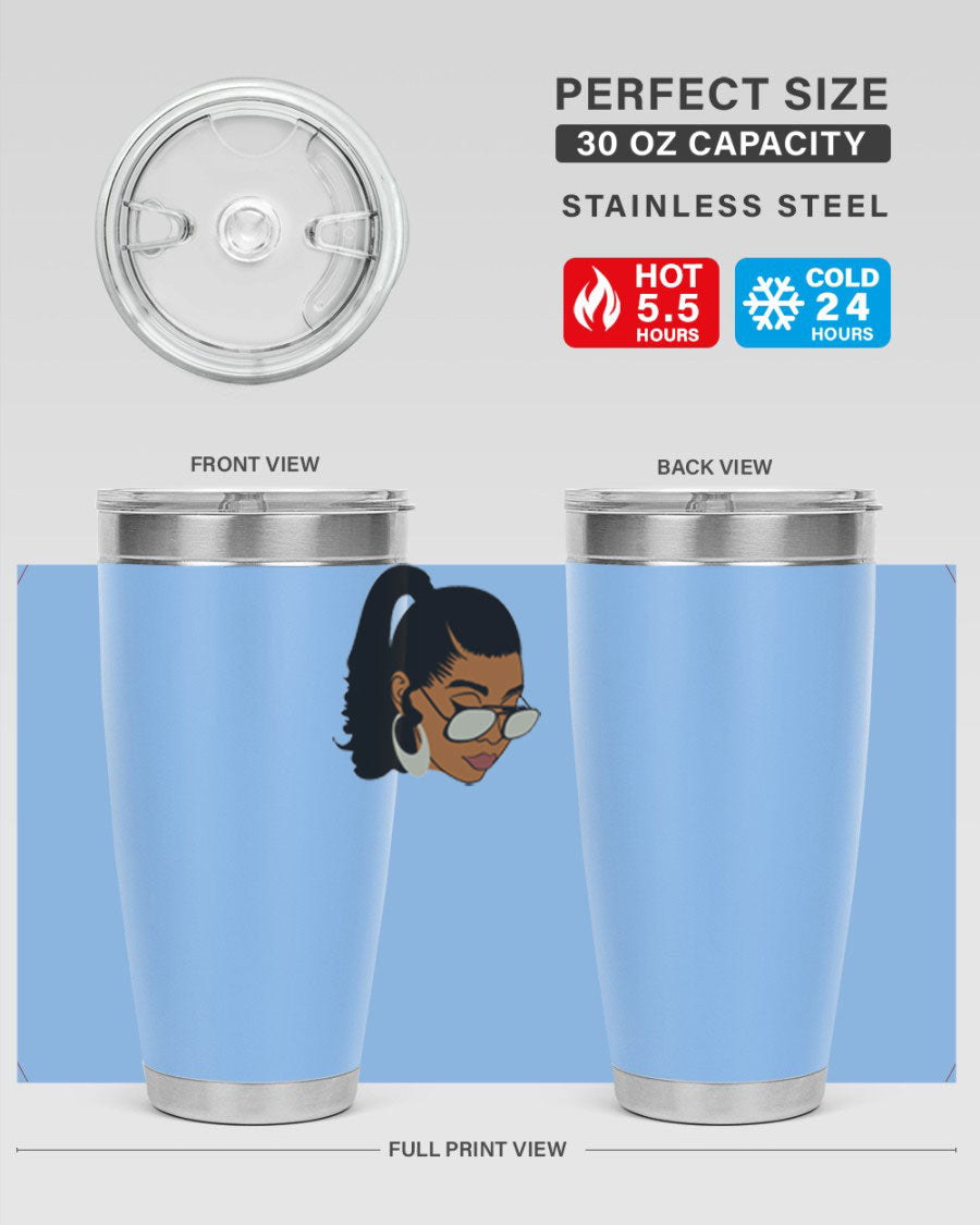 Black afro 42# tumbler for women and girls, featuring a stylish design and double wall vacuum insulation for hot and cold beverages.