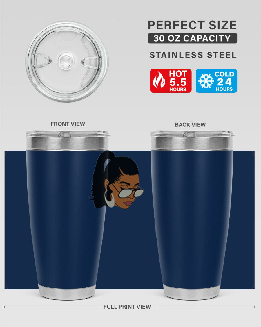 Black afro 42# tumbler for women and girls, featuring a stylish design and double wall vacuum insulation for hot and cold beverages.