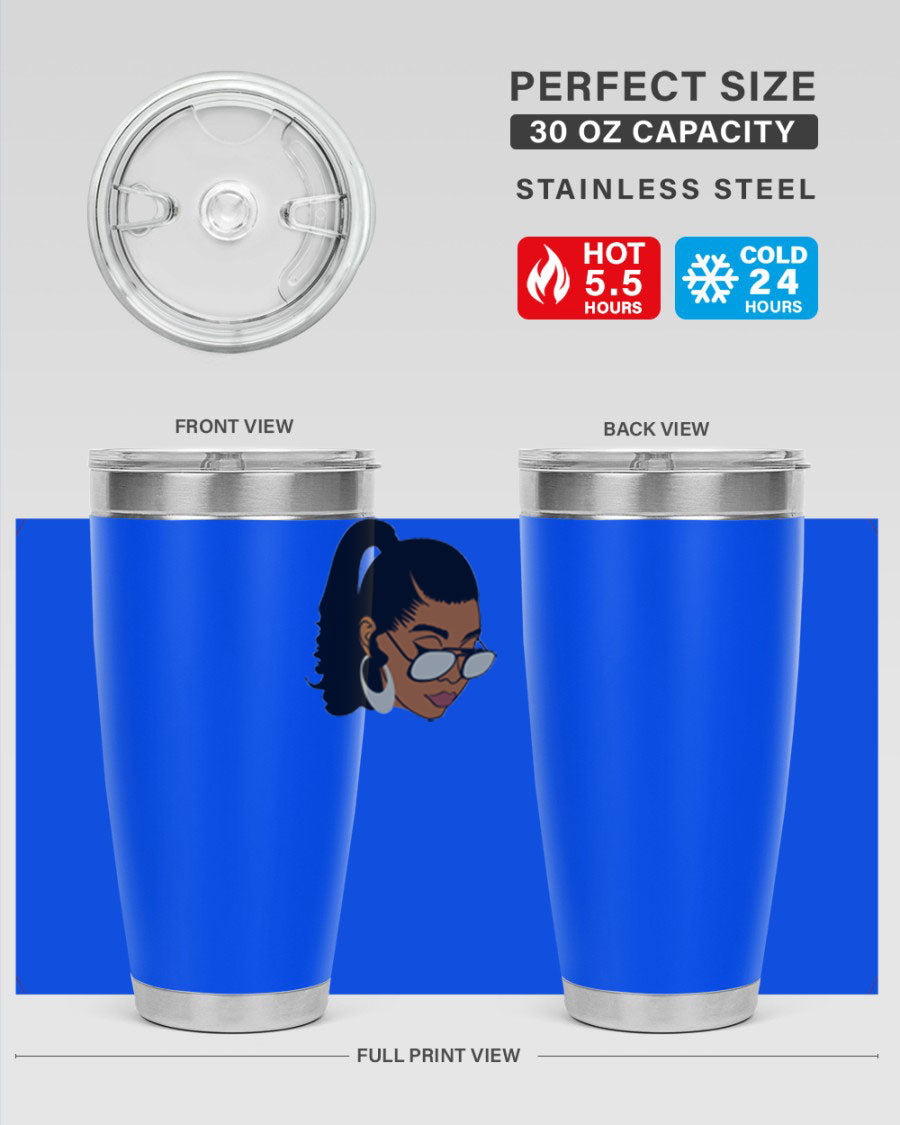 Black afro 42# tumbler for women and girls, featuring a stylish design and double wall vacuum insulation for hot and cold beverages.