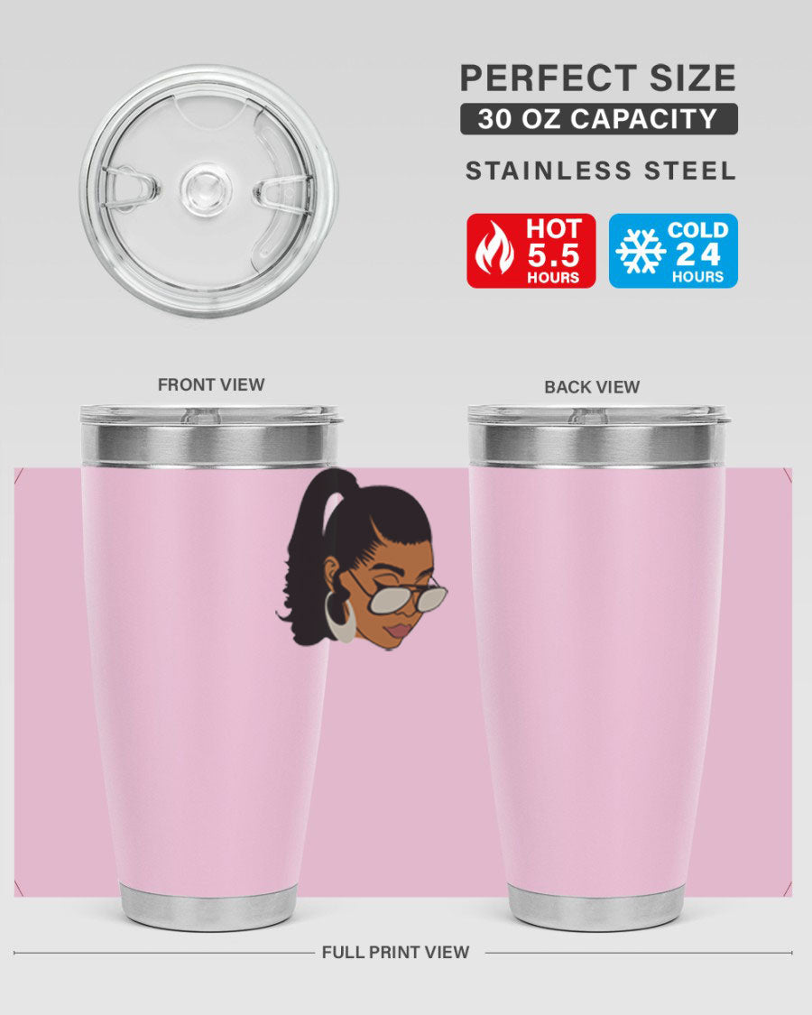 Black afro 42# tumbler for women and girls, featuring a stylish design and double wall vacuum insulation for hot and cold beverages.