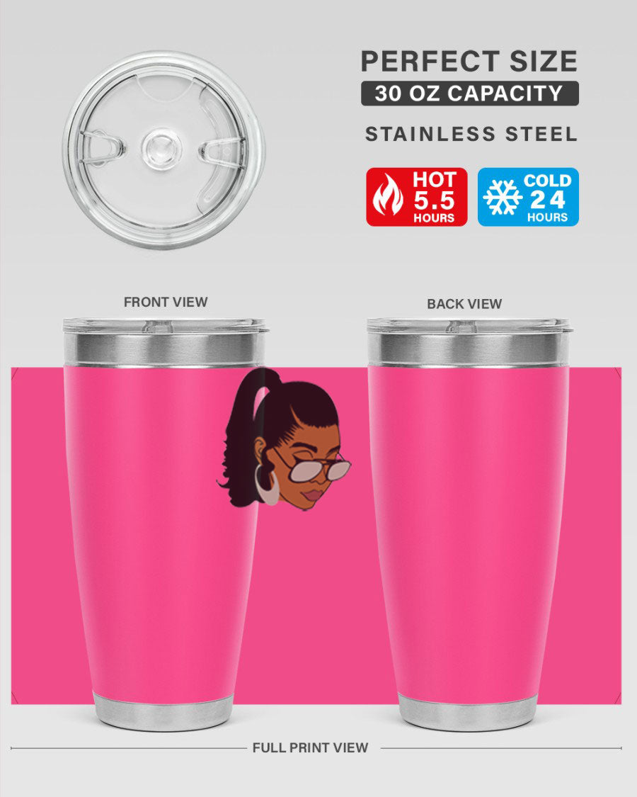 Black afro 42# tumbler for women and girls, featuring a stylish design and double wall vacuum insulation for hot and cold beverages.