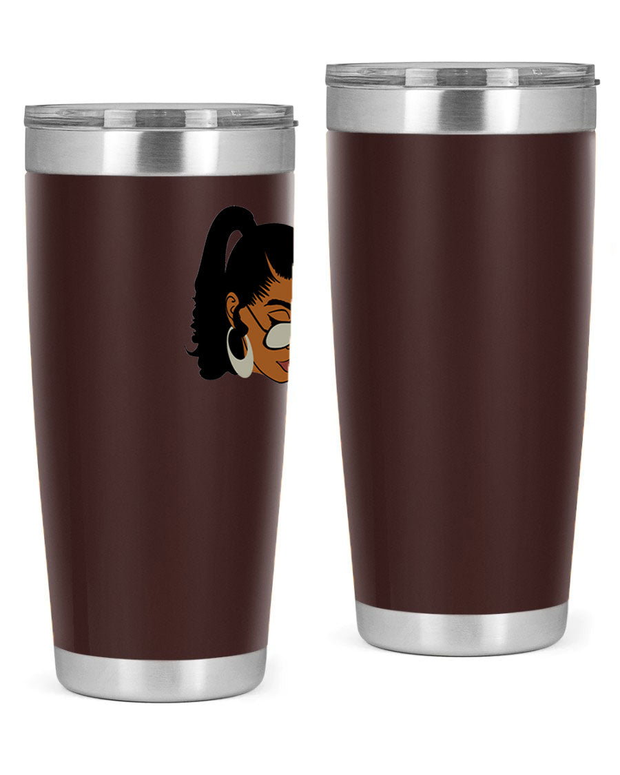 Black afro 42# tumbler for women and girls, featuring a stylish design and double wall vacuum insulation for hot and cold beverages.