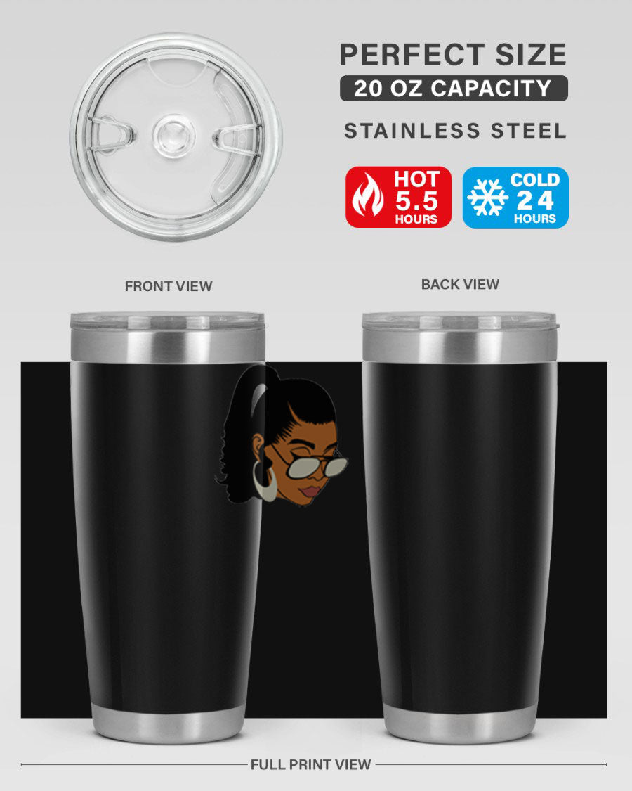 Black afro 42# tumbler for women and girls, featuring a stylish design and double wall vacuum insulation for hot and cold beverages.