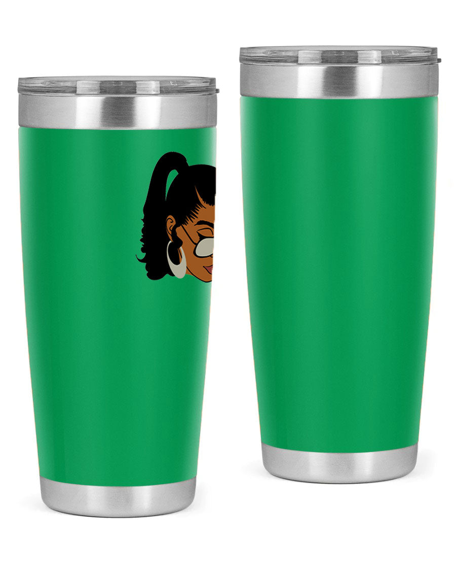 Black afro 42# tumbler for women and girls, featuring a stylish design and double wall vacuum insulation for hot and cold beverages.