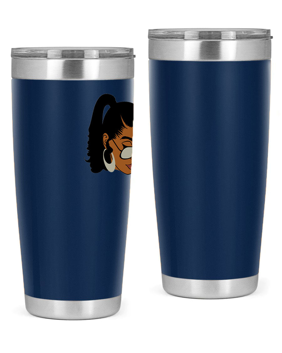 Black afro 42# tumbler for women and girls, featuring a stylish design and double wall vacuum insulation for hot and cold beverages.