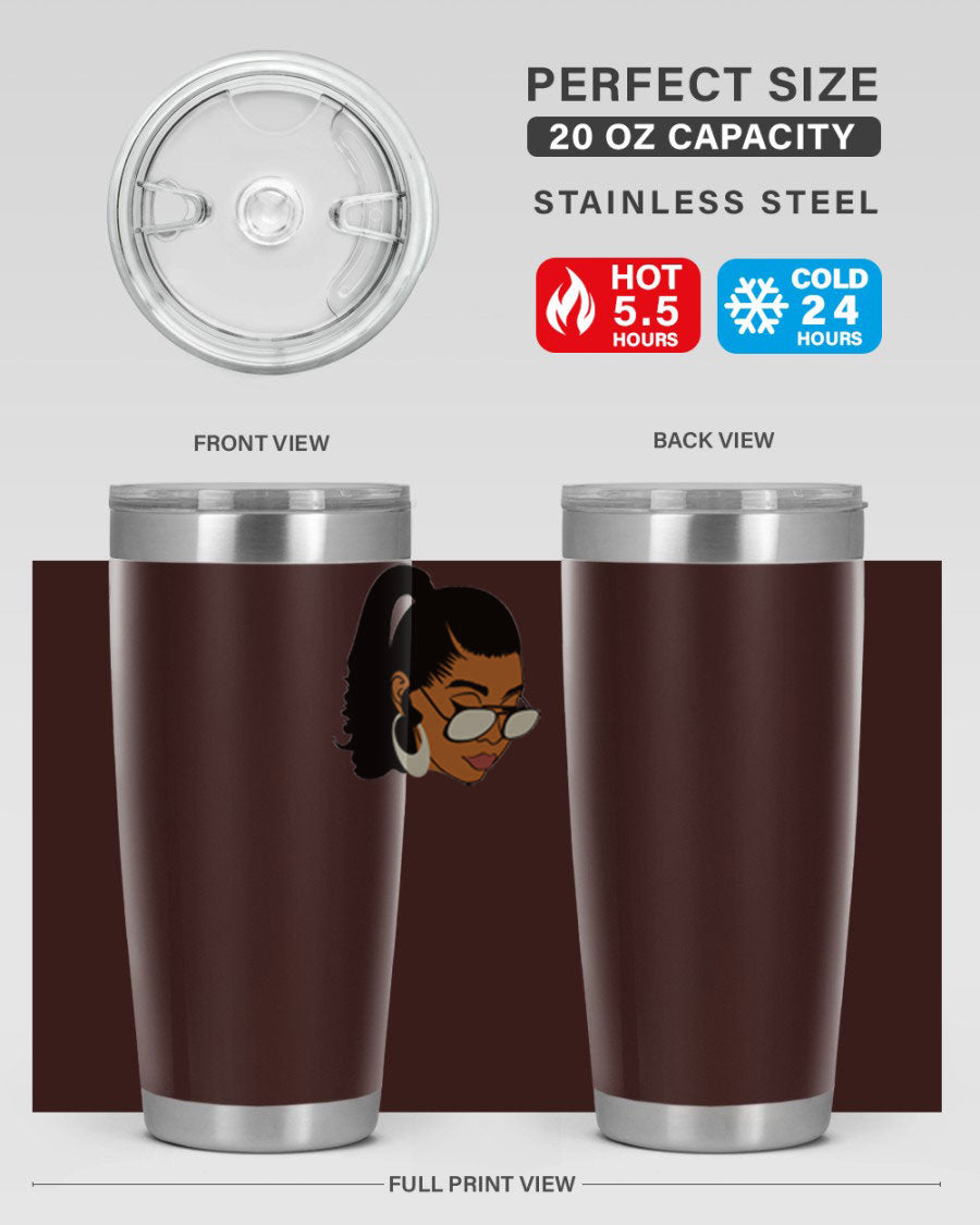 Black afro 42# tumbler for women and girls, featuring a stylish design and double wall vacuum insulation for hot and cold beverages.