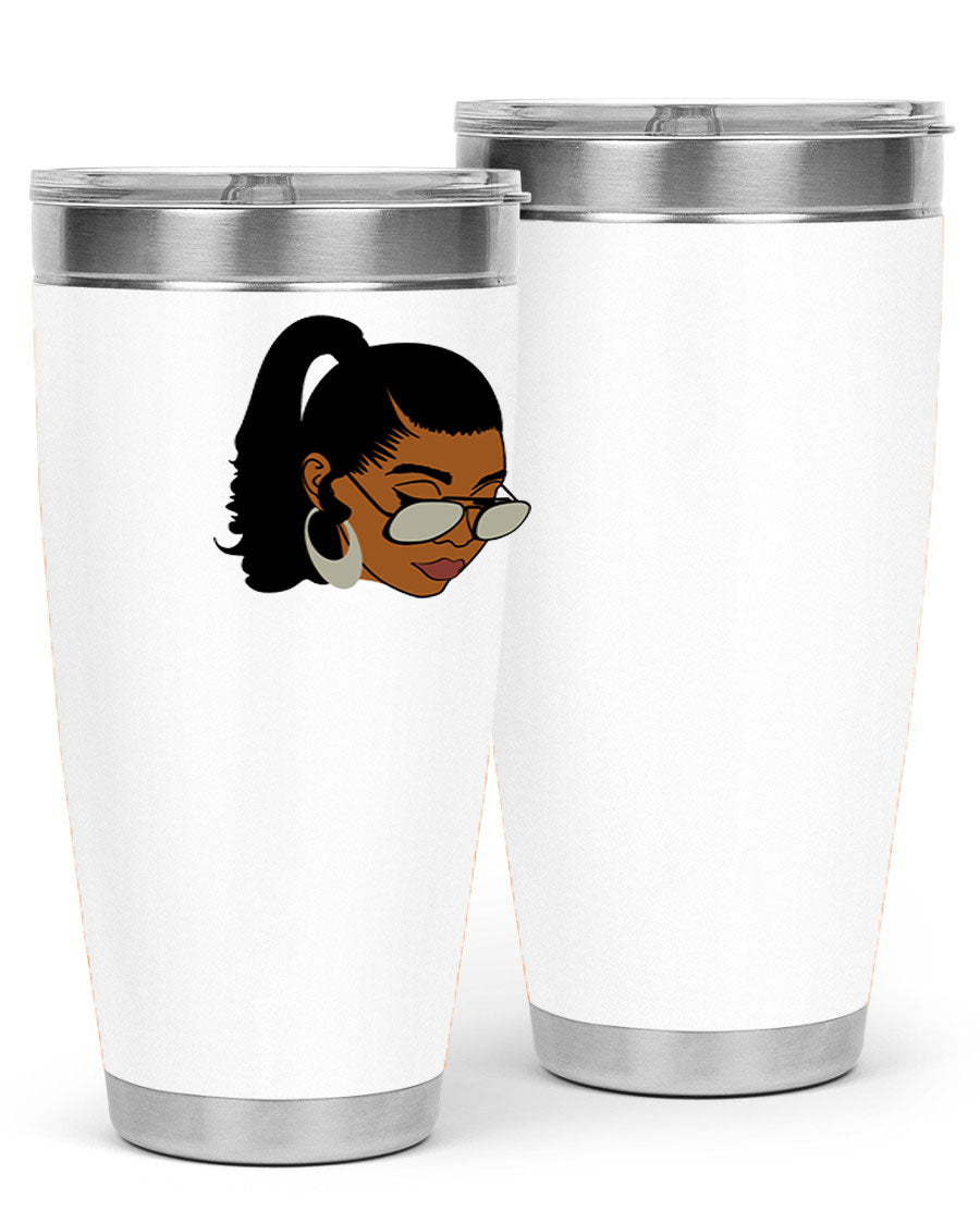 Black afro 42# tumbler for women and girls, featuring a stylish design and double wall vacuum insulation for hot and cold beverages.