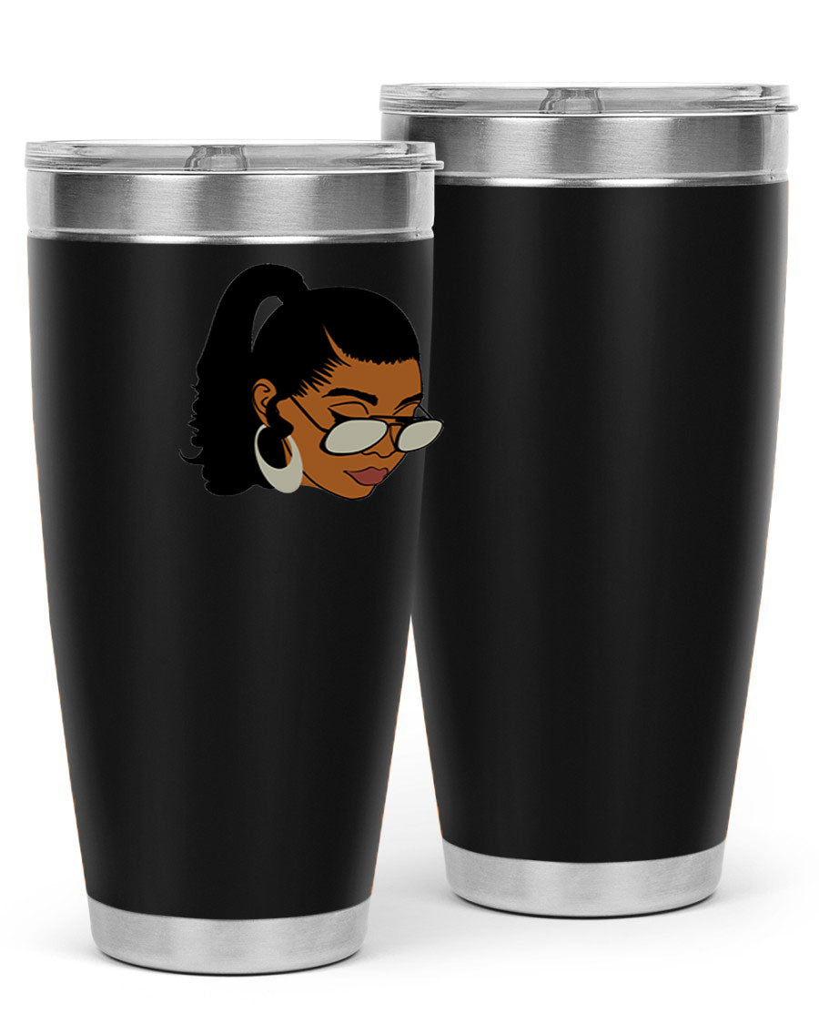 Black afro 42# tumbler for women and girls, featuring a stylish design and double wall vacuum insulation for hot and cold beverages.