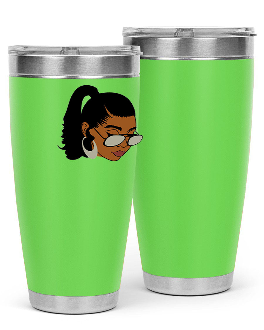 Black afro 42# tumbler for women and girls, featuring a stylish design and double wall vacuum insulation for hot and cold beverages.