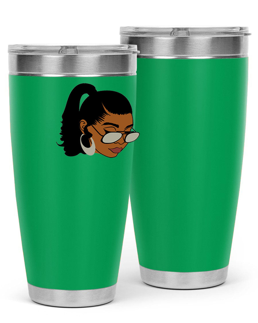 Black afro 42# tumbler for women and girls, featuring a stylish design and double wall vacuum insulation for hot and cold beverages.