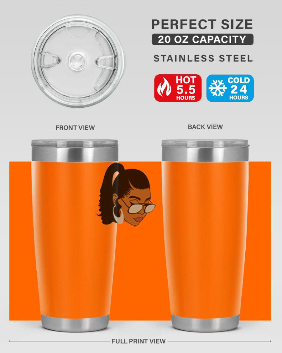 Black afro 42# tumbler for women and girls, featuring a stylish design and double wall vacuum insulation for hot and cold beverages.