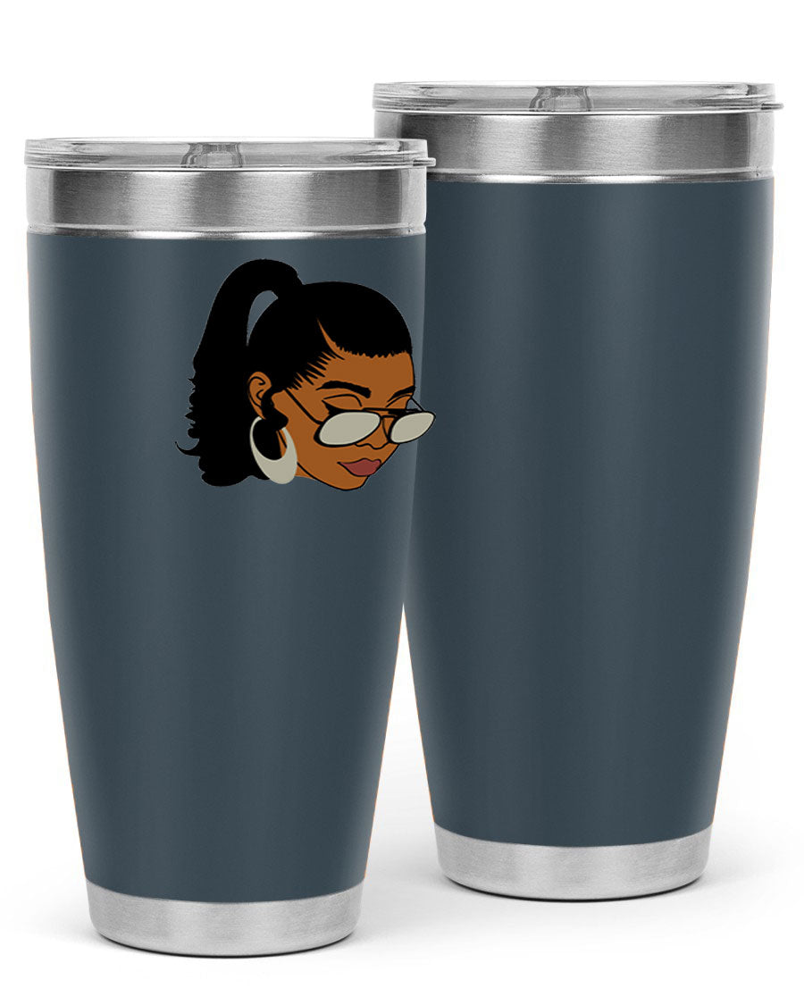 Black afro 42# tumbler for women and girls, featuring a stylish design and double wall vacuum insulation for hot and cold beverages.