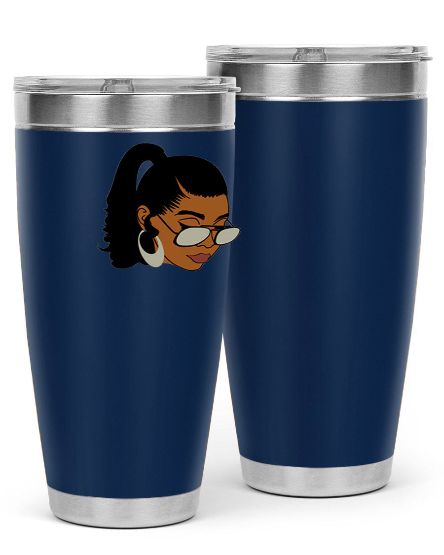 Black afro 42# tumbler for women and girls, featuring a stylish design and double wall vacuum insulation for hot and cold beverages.