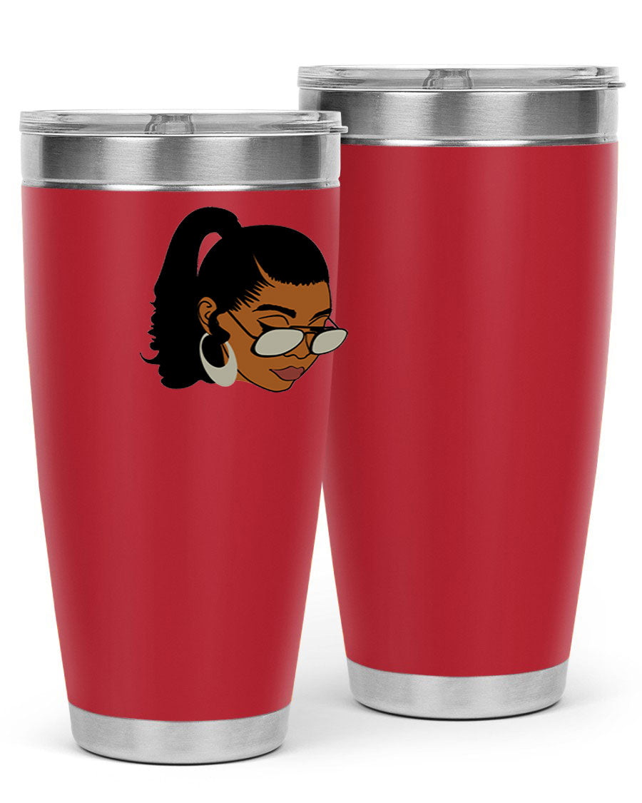 Black afro 42# tumbler for women and girls, featuring a stylish design and double wall vacuum insulation for hot and cold beverages.