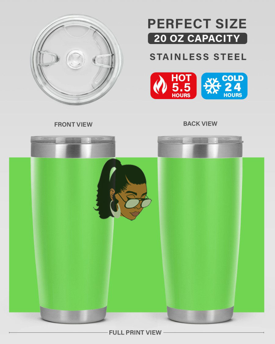 Black afro 42# tumbler for women and girls, featuring a stylish design and double wall vacuum insulation for hot and cold beverages.