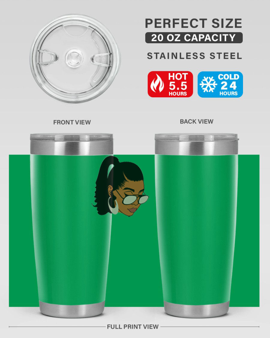 Black afro 42# tumbler for women and girls, featuring a stylish design and double wall vacuum insulation for hot and cold beverages.