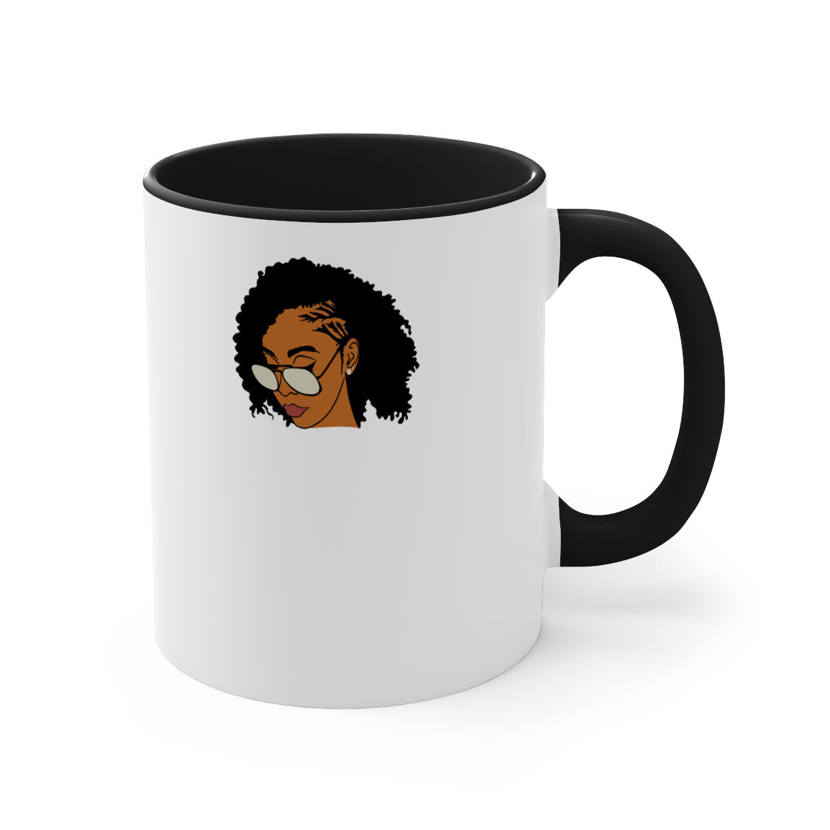 Black afro 47# Mug featuring a glossy finish with a colored handle and interior, available in multiple colors and sizes.