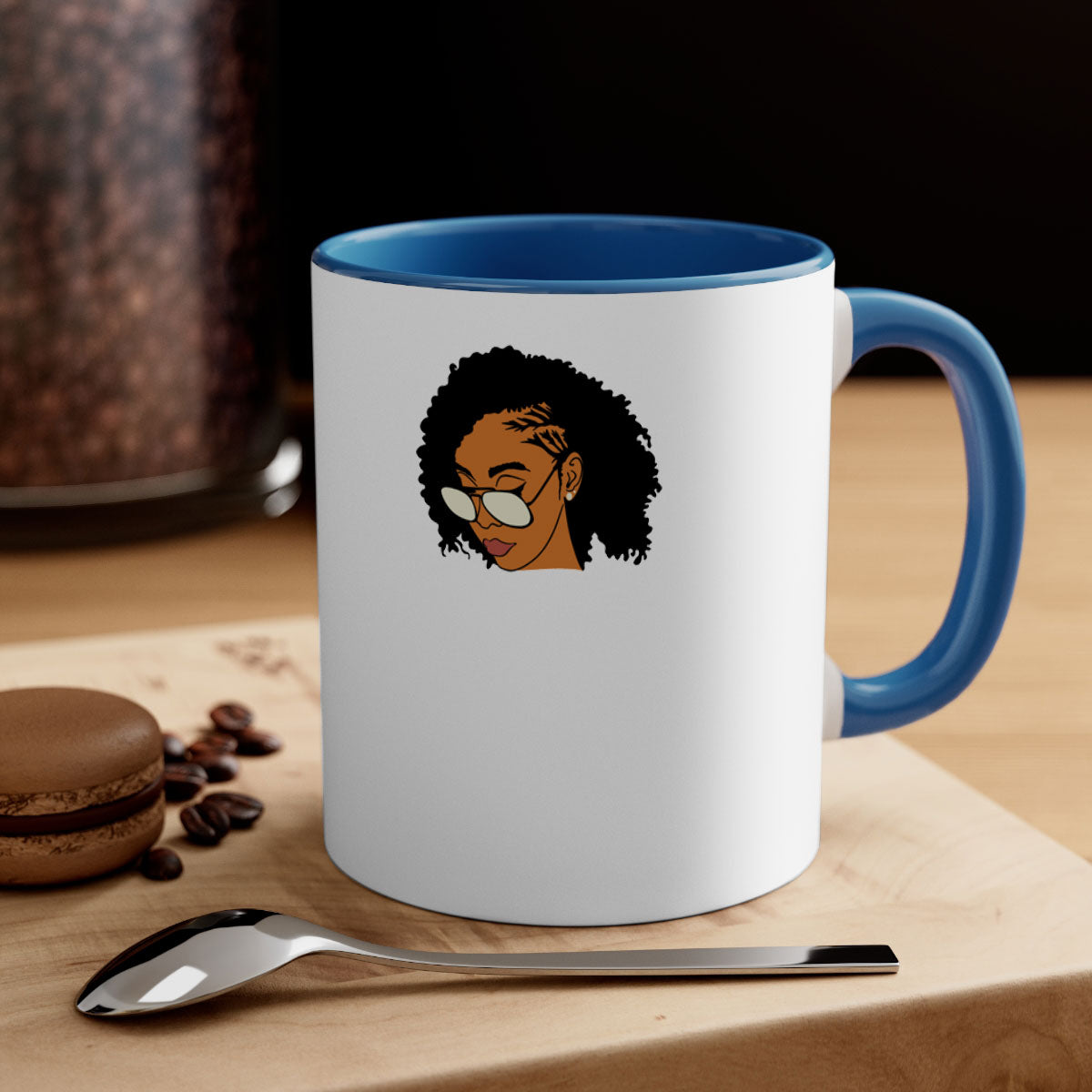 Black afro 47# Mug featuring a glossy finish with a colored handle and interior, available in multiple colors and sizes.