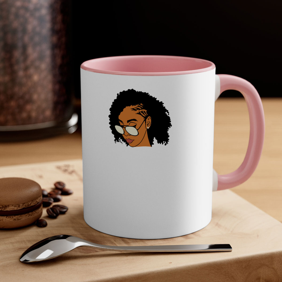 Black afro 47# Mug featuring a glossy finish with a colored handle and interior, available in multiple colors and sizes.