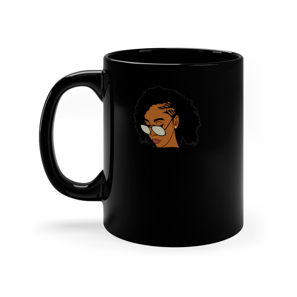 Black afro 47# Mug featuring a glossy finish with a colored handle and interior, available in multiple colors and sizes.