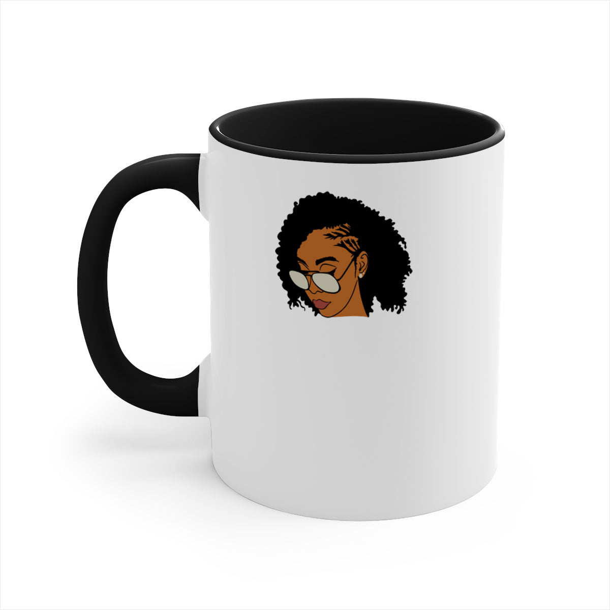 Black afro 47# Mug featuring a glossy finish with a colored handle and interior, available in multiple colors and sizes.