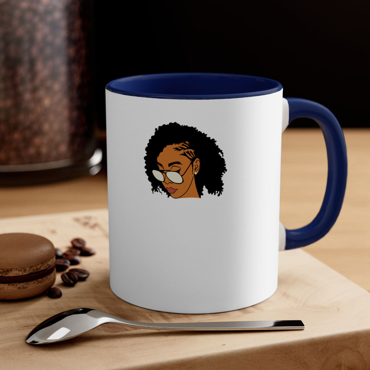 Black afro 47# Mug featuring a glossy finish with a colored handle and interior, available in multiple colors and sizes.