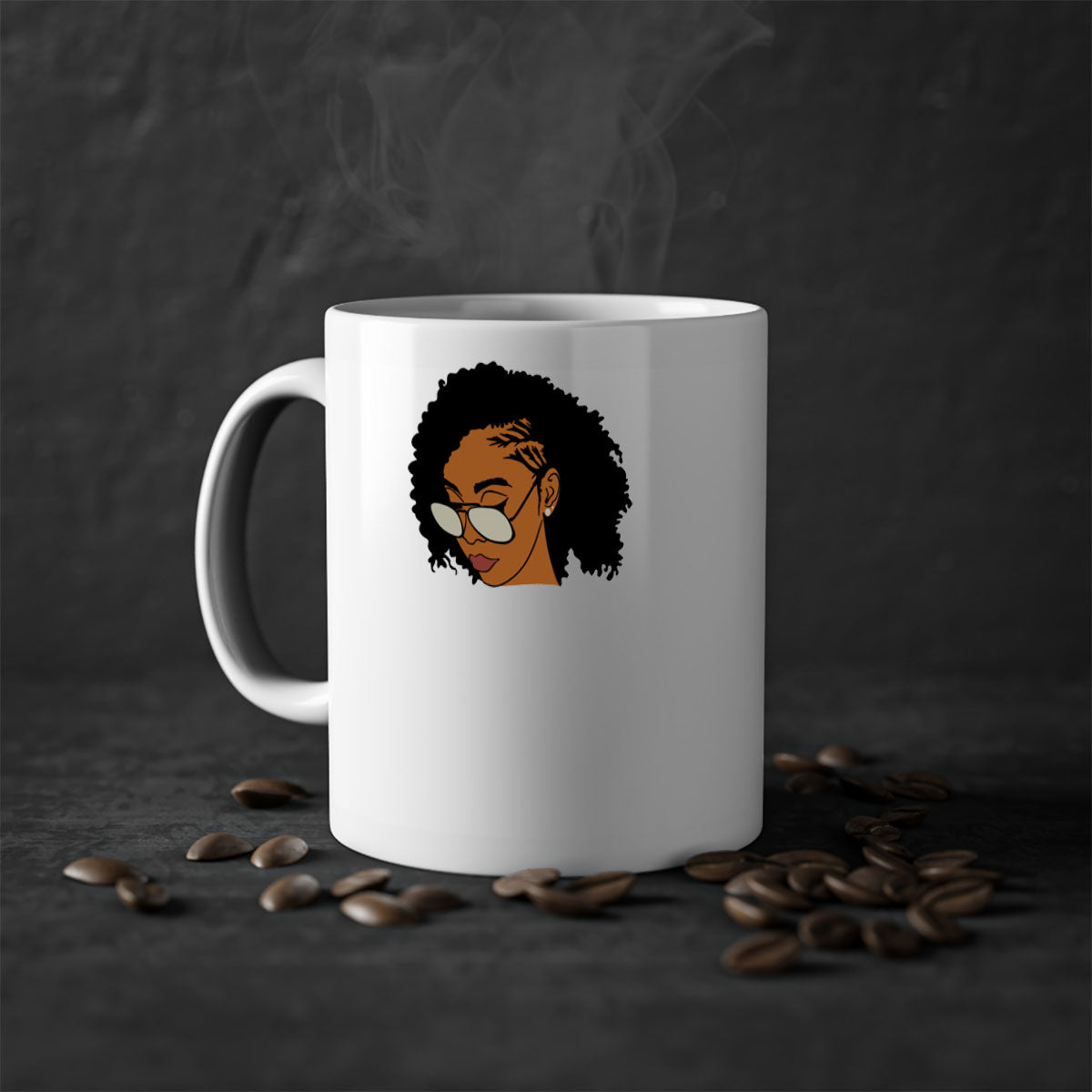 Black afro 47# Mug featuring a glossy finish with a colored handle and interior, available in multiple colors and sizes.