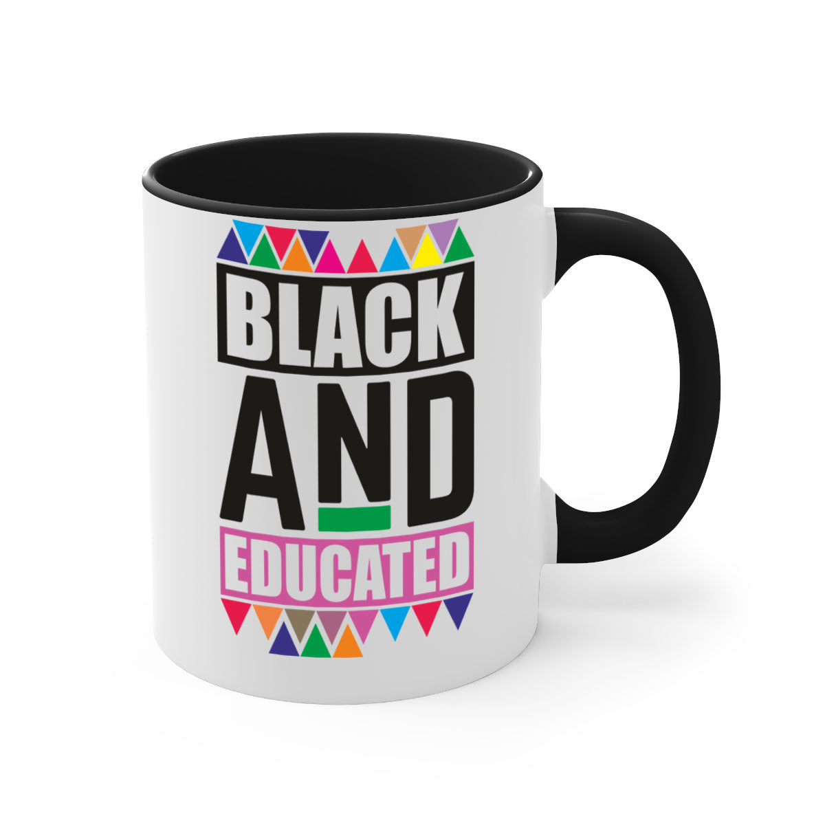 Black and Educated Mug featuring a glossy finish with colored handle and interior, available in multiple colors and sizes.