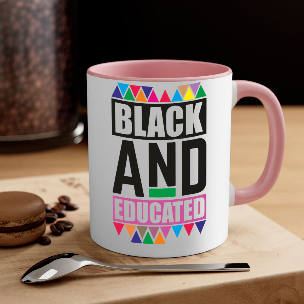 Black and Educated Mug featuring a glossy finish with colored handle and interior, available in multiple colors and sizes.