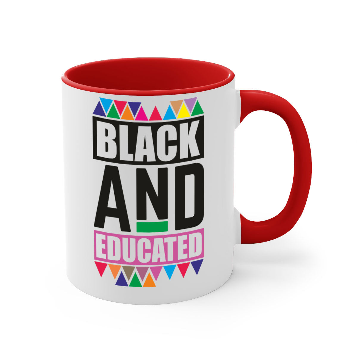 Black and Educated Mug featuring a glossy finish with colored handle and interior, available in multiple colors and sizes.