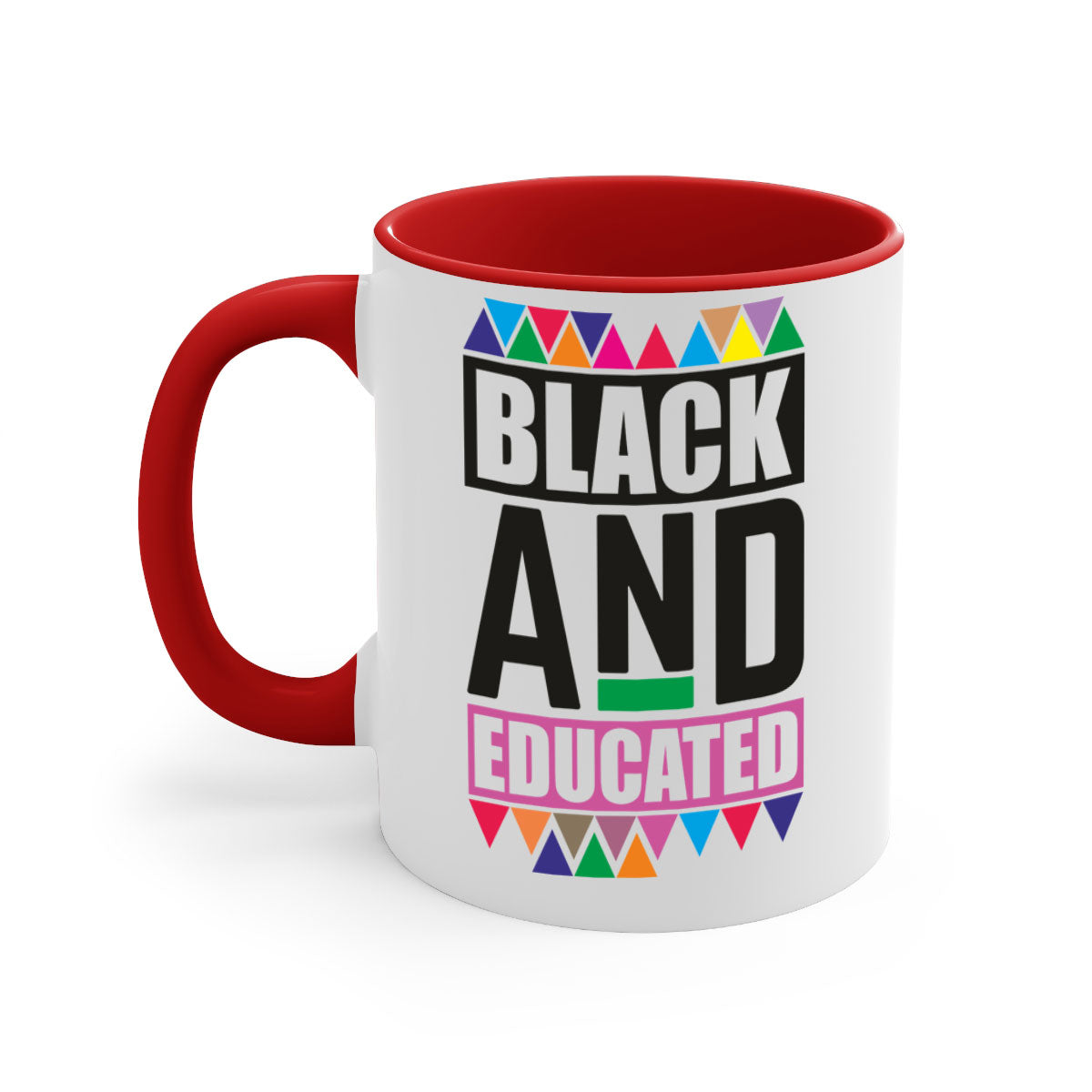 Black and Educated Mug featuring a glossy finish with colored handle and interior, available in multiple colors and sizes.