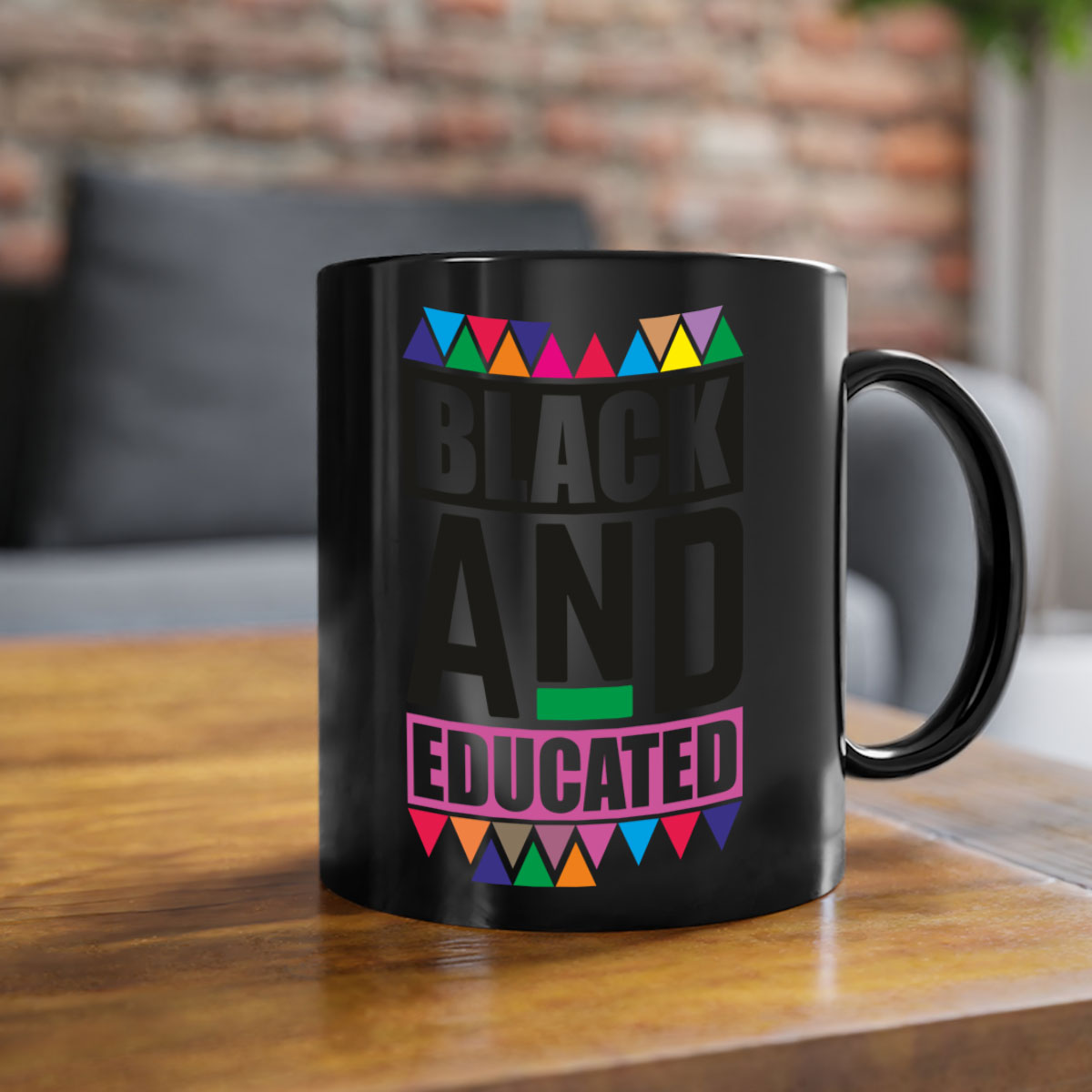 Black and Educated Mug featuring a glossy finish with colored handle and interior, available in multiple colors and sizes.