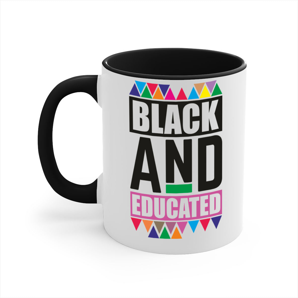 Black and Educated Mug featuring a glossy finish with colored handle and interior, available in multiple colors and sizes.