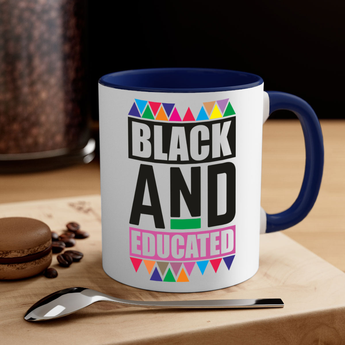 Black and Educated Mug featuring a glossy finish with colored handle and interior, available in multiple colors and sizes.