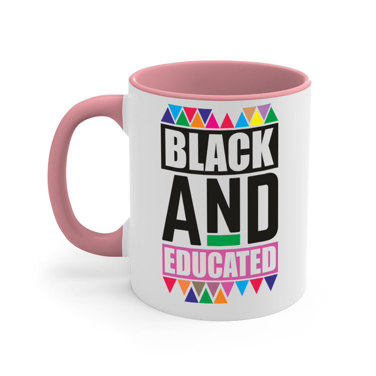 Black and Educated Mug featuring a glossy finish with colored handle and interior, available in multiple colors and sizes.