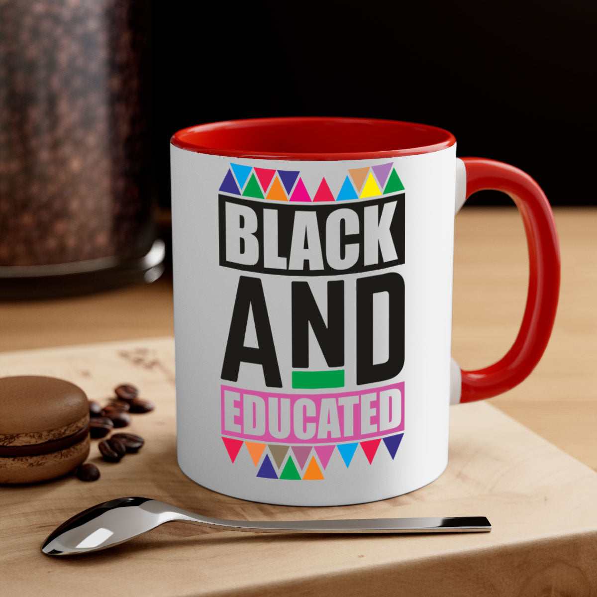 Black and Educated Mug featuring a glossy finish with colored handle and interior, available in multiple colors and sizes.