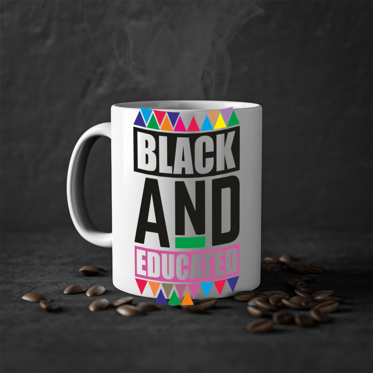 Black and Educated Mug featuring a glossy finish with colored handle and interior, available in multiple colors and sizes.