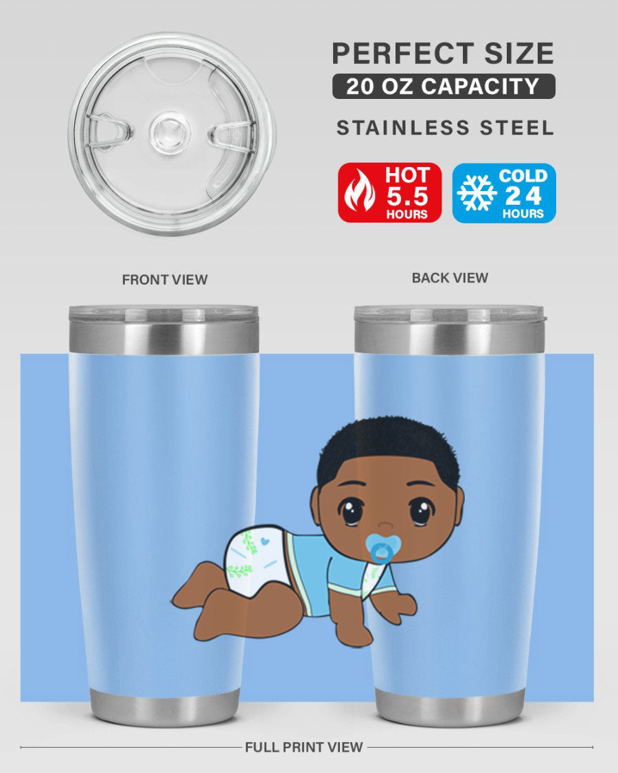 A stylish black baby boy tumbler made of stainless steel, featuring a drink-thru lid and vibrant design, perfect for hot and cold beverages.