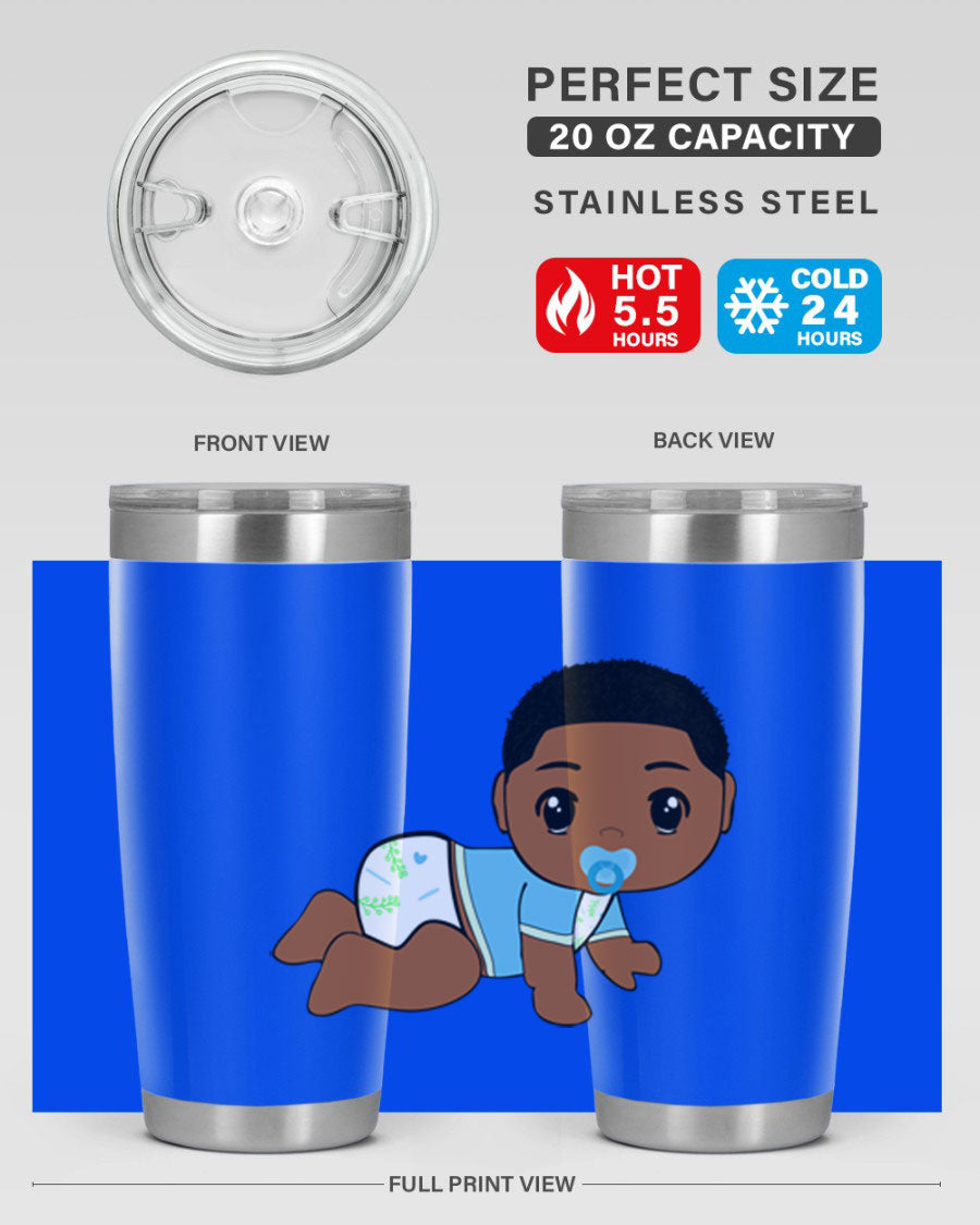 A stylish black baby boy tumbler made of stainless steel, featuring a drink-thru lid and vibrant design, perfect for hot and cold beverages.