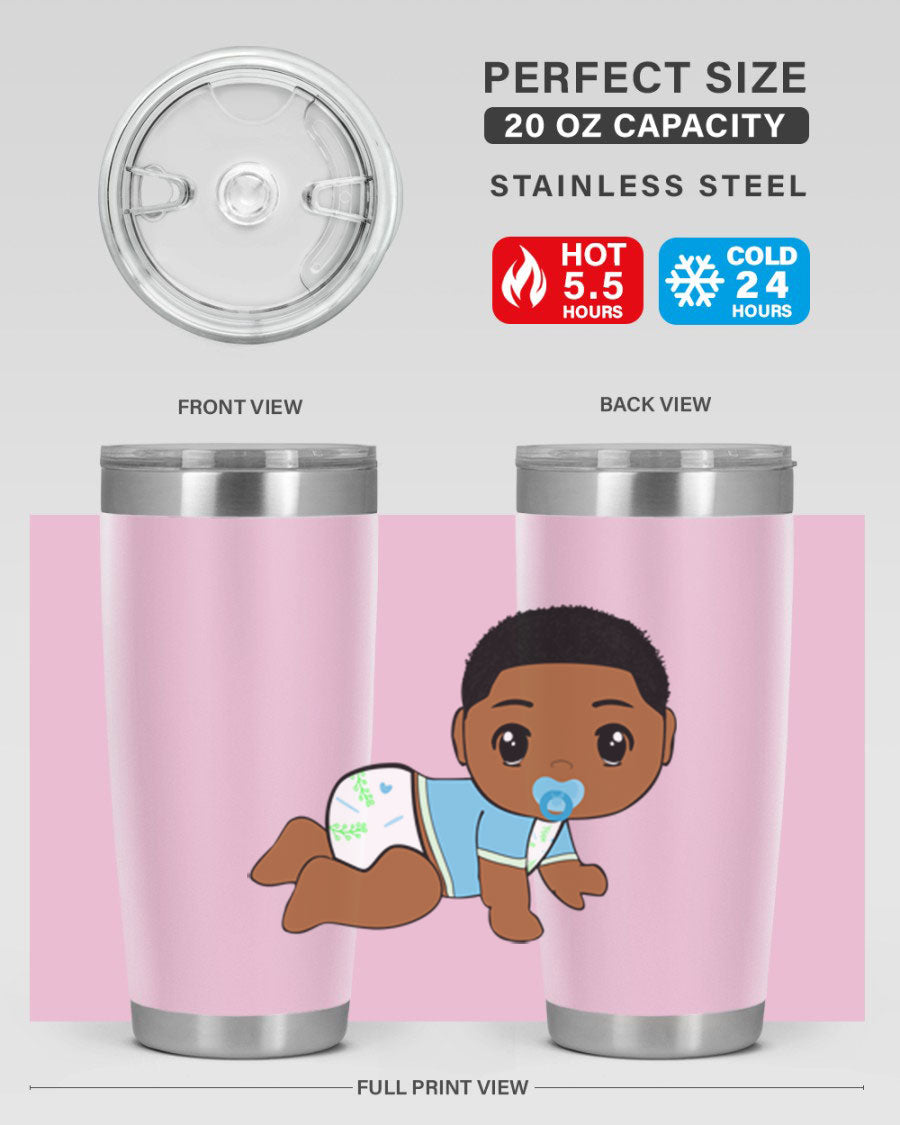 A stylish black baby boy tumbler made of stainless steel, featuring a drink-thru lid and vibrant design, perfect for hot and cold beverages.