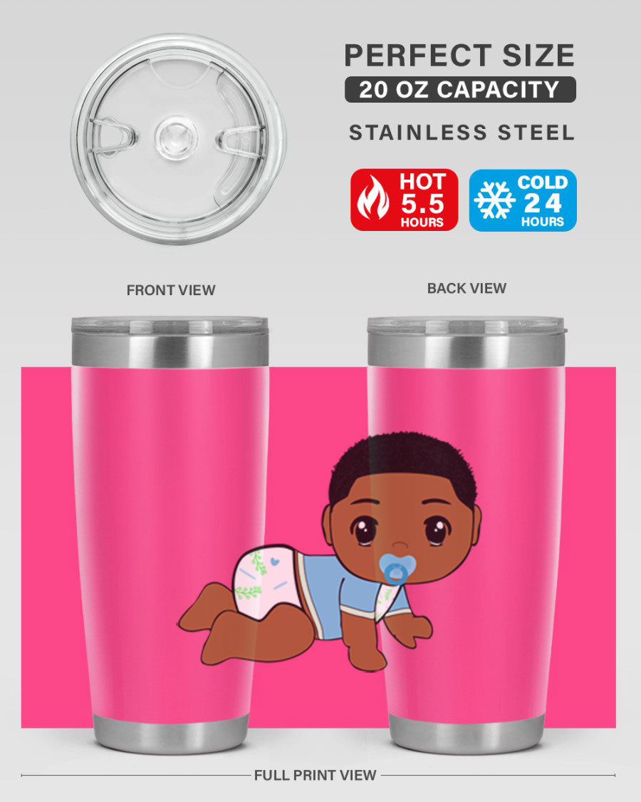 A stylish black baby boy tumbler made of stainless steel, featuring a drink-thru lid and vibrant design, perfect for hot and cold beverages.