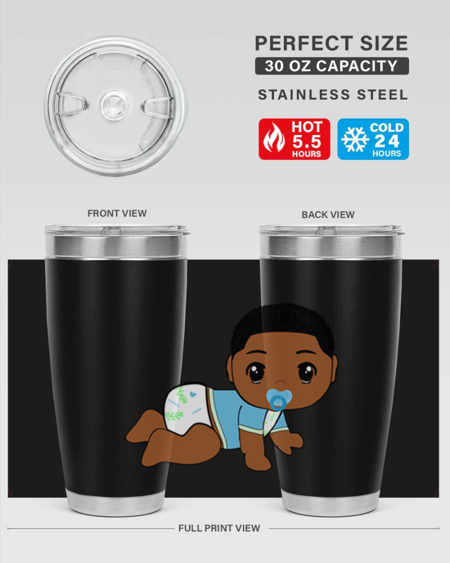 A stylish black baby boy tumbler made of stainless steel, featuring a drink-thru lid and vibrant design, perfect for hot and cold beverages.