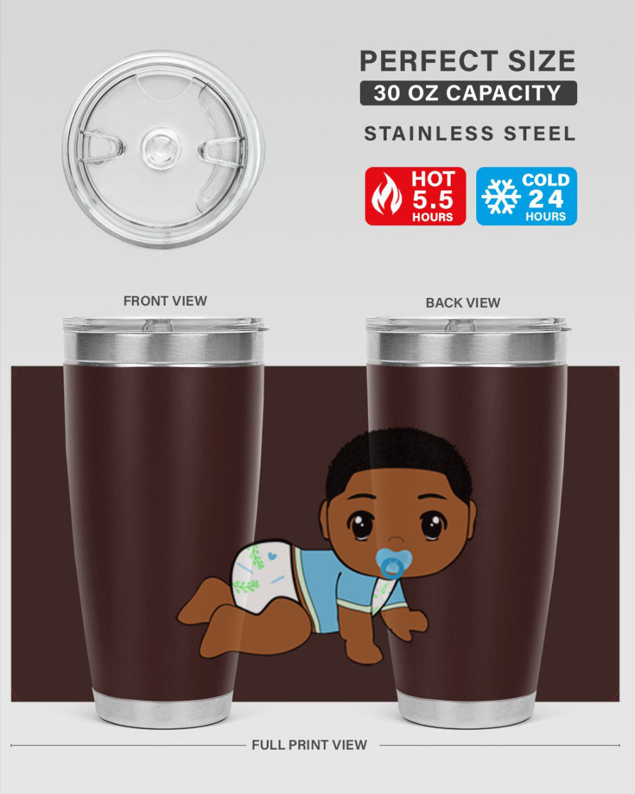 A stylish black baby boy tumbler made of stainless steel, featuring a drink-thru lid and vibrant design, perfect for hot and cold beverages.