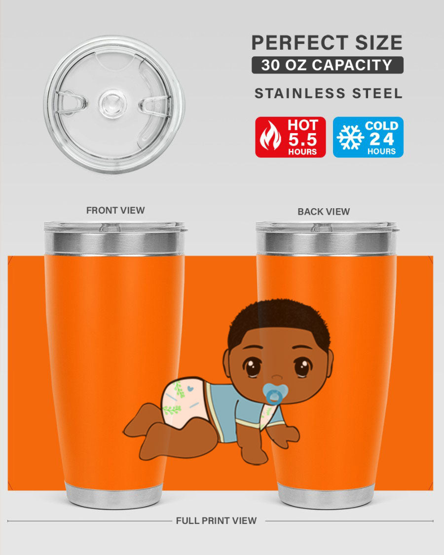 A stylish black baby boy tumbler made of stainless steel, featuring a drink-thru lid and vibrant design, perfect for hot and cold beverages.