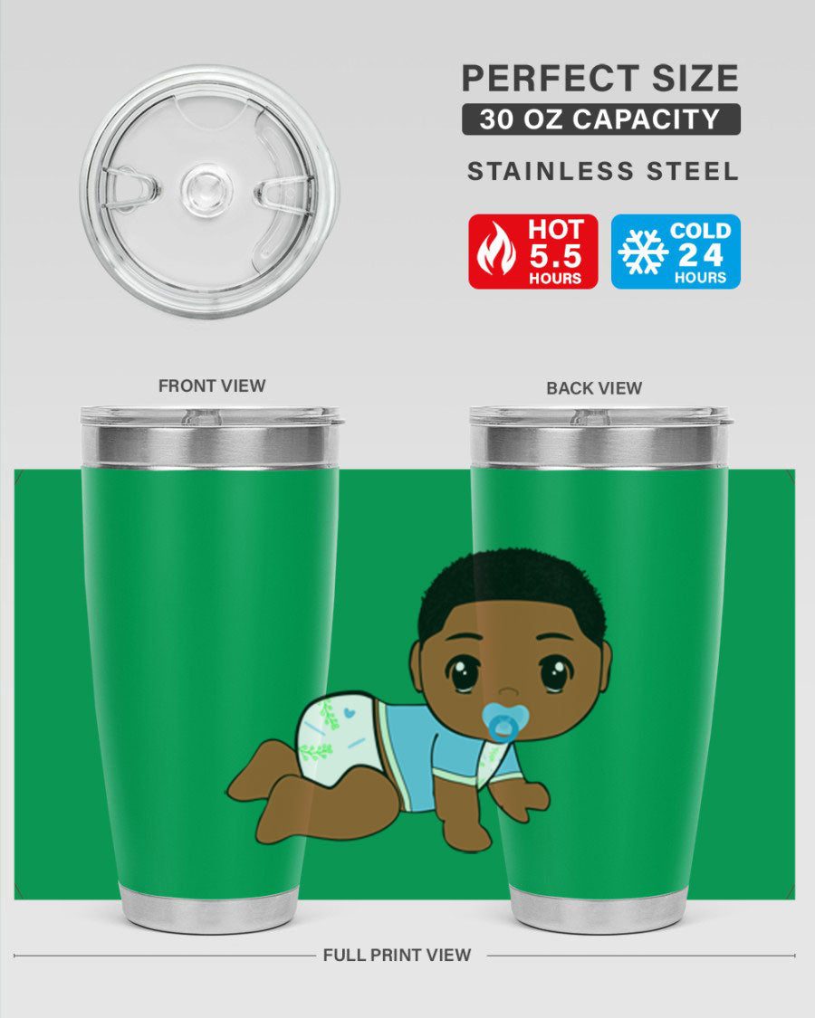 A stylish black baby boy tumbler made of stainless steel, featuring a drink-thru lid and vibrant design, perfect for hot and cold beverages.